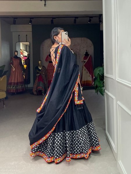 Black Color Pure Cotton Printed Gamthi Work Lehenga Choli Navratri Lehnega Choli