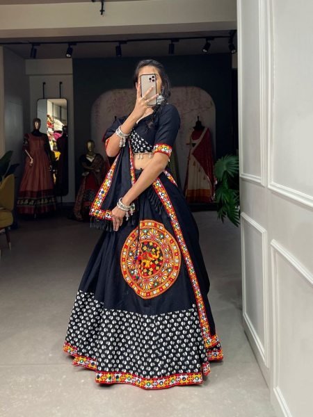 Black Color Pure Cotton Printed Gamthi Work Lehenga Choli Navratri Lehnega Choli