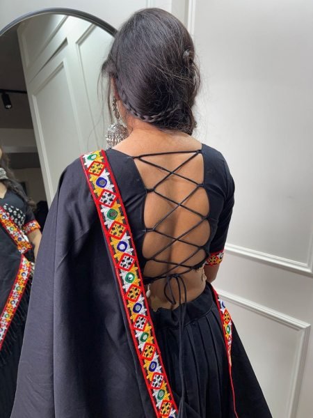 Black Color Pure Cotton Printed Gamthi Work Lehenga Choli Navratri Lehnega Choli