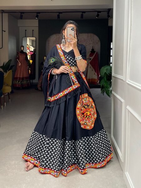 Black Color Pure Cotton Printed Gamthi Work Lehenga Choli Navratri Lehnega Choli