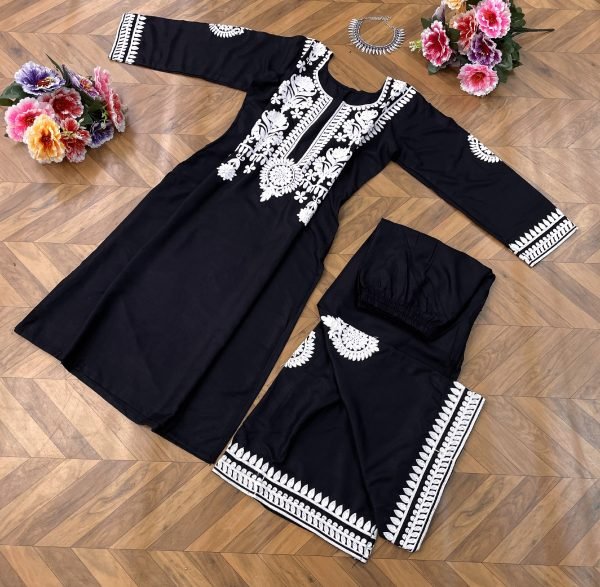 Black Color Rayon Cotton Kurti With Pant  Kurti With Bottom Wholesale