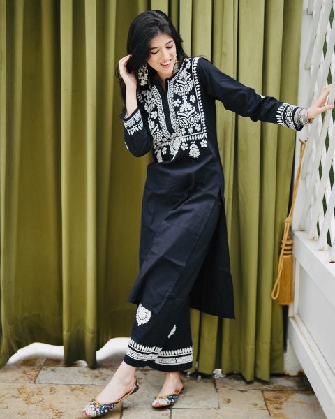 Black Color Rayon Cotton Kurti With Pant  Kurti With Bottom Wholesale