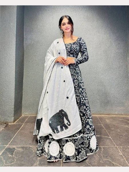 Black Color Reyon Printed Lehenga Choli  Navratri Lehnega Choli
