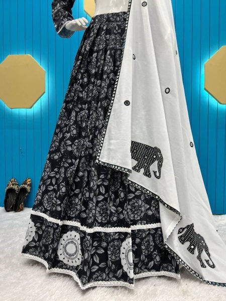 Black Color Reyon Printed Lehenga Choli  Navratri Lehnega Choli