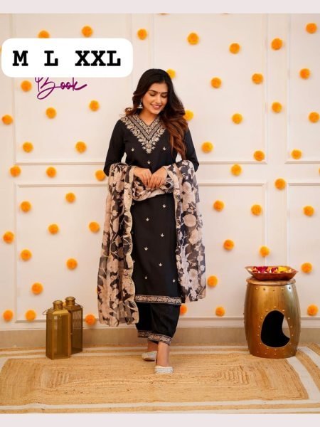 Black Color Reyon Sllb Kurti With Afghani Pant With Floral Print Dupatta 3 Piece Kurti Set
