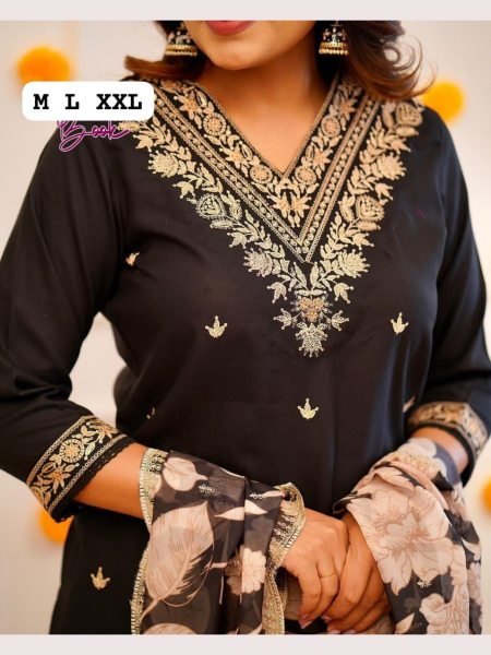 Black Color Reyon Sllb Kurti With Afghani Pant With Floral Print Dupatta 3 Piece Kurti Set