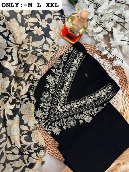 Black Color Reyon Sllb Kurti With Afghani Pant With Floral Print Dupatta 3 Piece Kurti Set