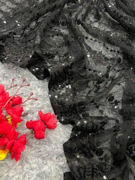 Black Color Sequence Embroidery Work Saree  Net Sarees Wholesale
