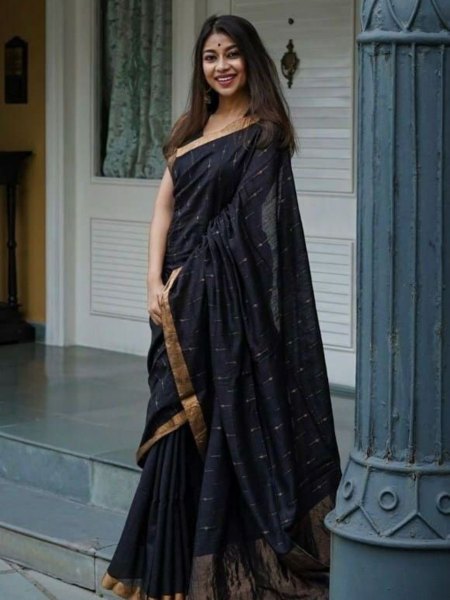 Black Color Soft Linen Slub  Saree  Linen Sarees Wholesale