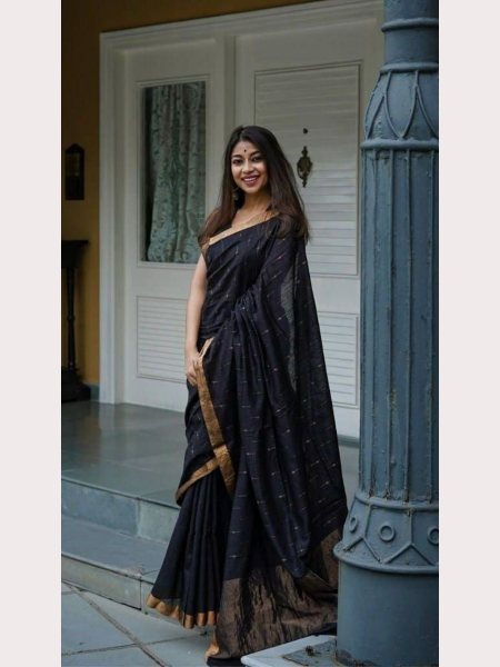 Black Color Soft Linen Slub  Saree  Linen Sarees Wholesale