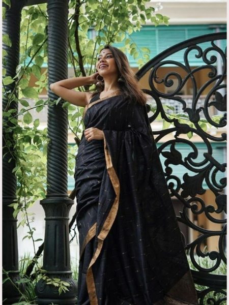 Black Color Soft Linen Slub  Saree  Linen Sarees Wholesale