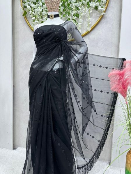 Black Color Soft Net Saree With Sequence Work  Net Sarees Wholesale