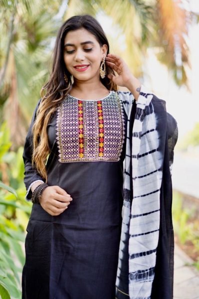 Black Color South Silk Kurti Pant With Dupatta 3 Piece Kurti Set