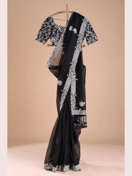 Black Color Tibby Silk Saree With Thred work Silk Sarees Wholesale