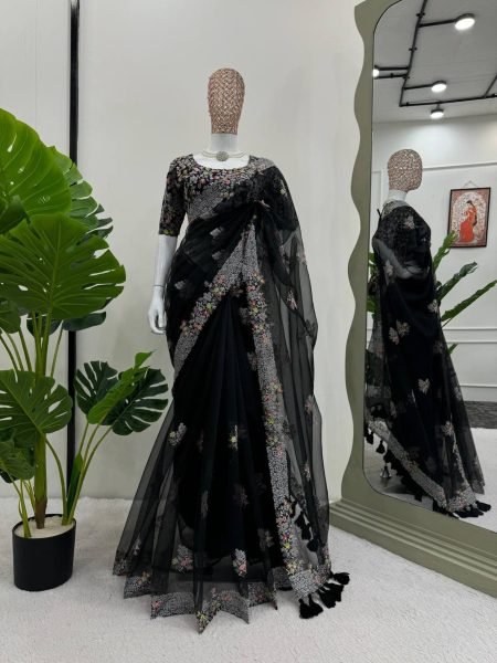 Black Color Tibby Silk Saree With Thred work Silk Sarees Wholesale