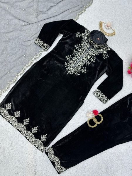 Black Color Velvet Sequence Work Suits  Ready To Wear Collection