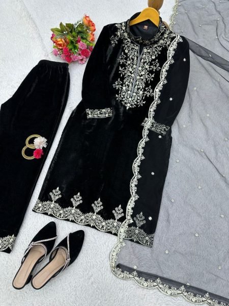 Black Color Velvet Sequence Work Suits  Ready To Wear Collection