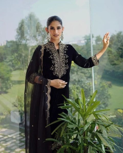 Black Color Velvet Sequence Work Suits  Ready To Wear Collection