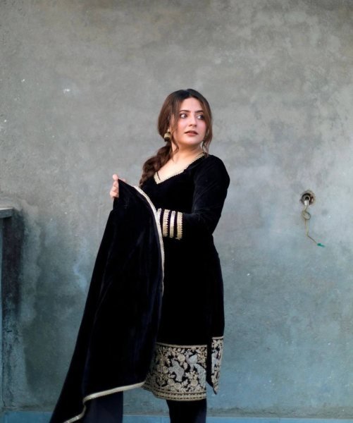 Black Color Velvet Suit With Embroidery Work With Pant And Dupatta Ready To Wear Collection