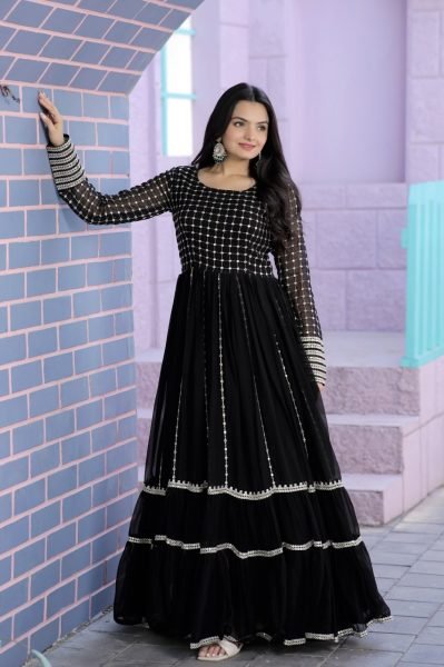 Black  Faux Blooming gown with Sequins Multi Silver jari Embroidered Work Anarkali  Anarkali Kurtis 