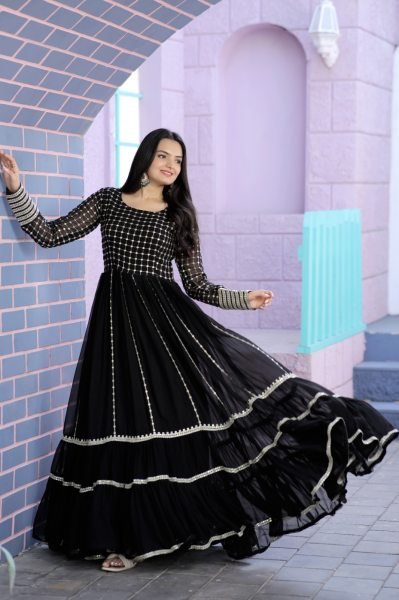 Black  Faux Blooming gown with Sequins Multi Silver jari Embroidered Work Anarkali  Anarkali Kurtis 