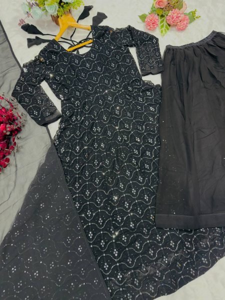 Ready to Wear Black Faux Blooming Sharara Set 3 Piece Designer Suit with Heavy Sequin Embroidery at Wholesale Price Anarkali Kurtis 