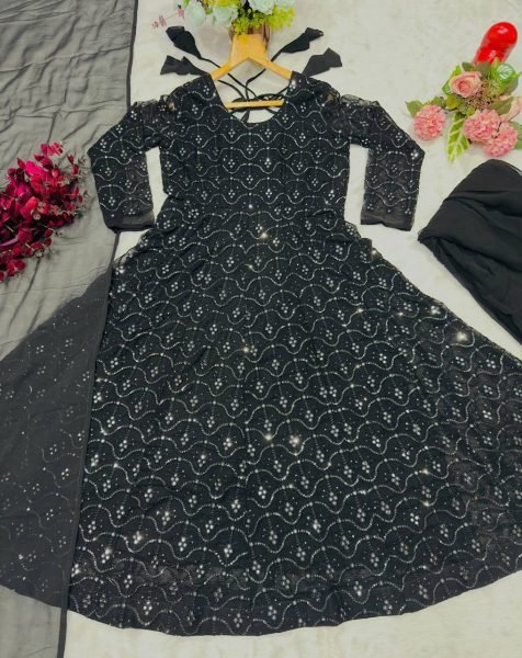 Ready to Wear Black Faux Blooming Sharara Set 3 Piece Designer Suit with Heavy Sequin Embroidery at Wholesale Price Anarkali Kurtis 