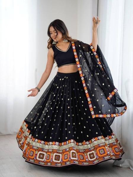 Black Faux Georgette Navratri Chaniya Choli with Mirror   Sequence Work At Best Rates Navratri Lehnega Choli