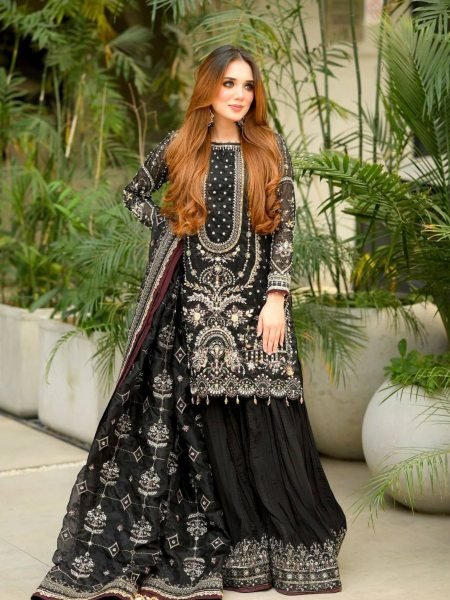 Black Faux Georgette Plazzo Suit with Heavy Sequins Embroidery Work with Latkan Border for Weddings 