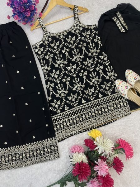 Black Faux Georgette Palazzo Suit with Heavy Work Dupatta and Potli at Wholesale Rate Ready To Wear Collection