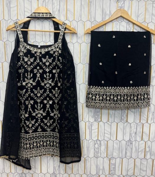 Black Faux Georgette Palazzo Suit with Heavy Work Dupatta and Potli at Wholesale Rate Ready To Wear Collection