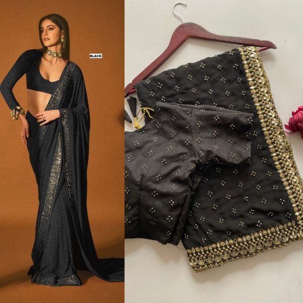 Black Faux Georgette Saree with Embroidery Work Wedding Special Drape Georgette Sarees Wholesale