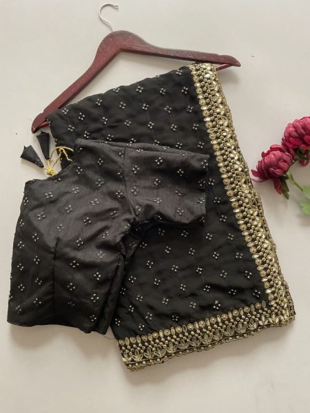 Black Faux Georgette Saree with Embroidery Work Wedding Special Drape Georgette Sarees Wholesale