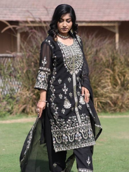 Black Faux Georgette Suit with Embroidered Dupatta and Bottom for Export Collection