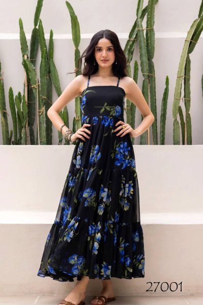 Black Floral Georgette Maxi Dress Holiday Ready Style Georgette Kurti 