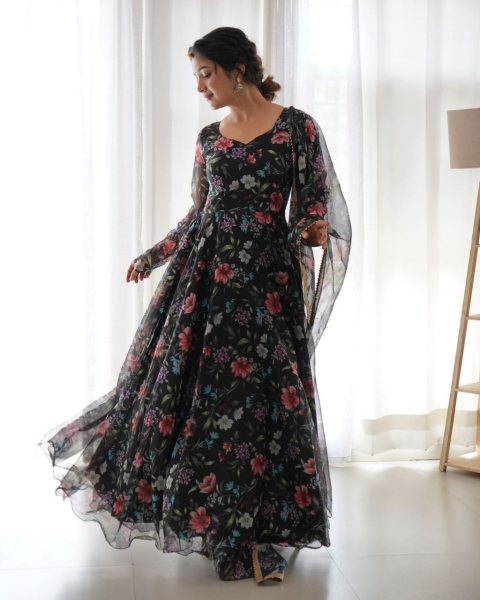 Black Flower  Print Georgette Anarkali With Duppta Collection Plus Size Kurti / Gown