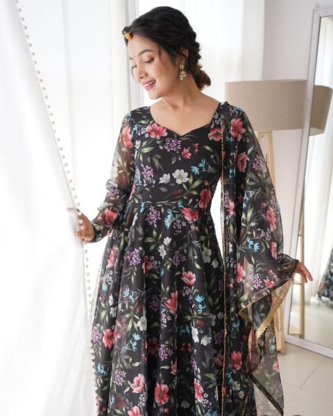 Black Flower Print Georgette Anarkali Gown With Duppta  Anarkali Kurtis 