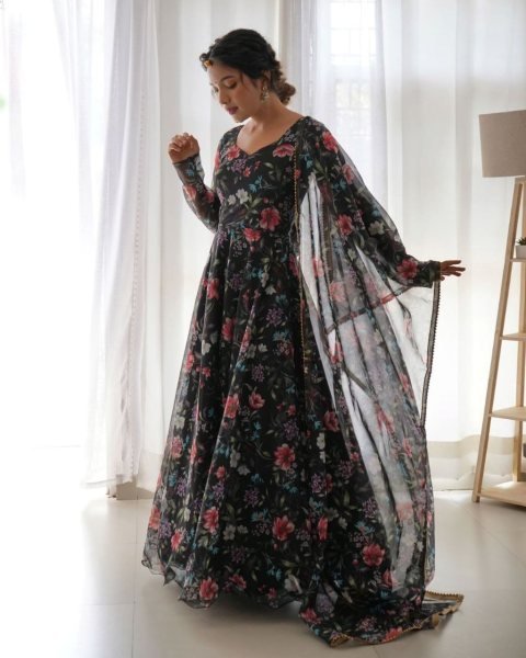 Black Flower Print Georgette Anarkali Gown With Duppta  Anarkali Kurtis 