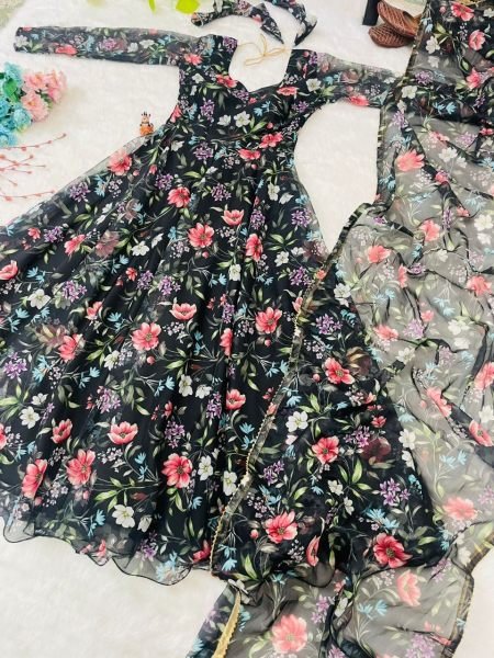 Black Flower Print Georgette Anarkali Gown With Duppta  Anarkali Kurtis 