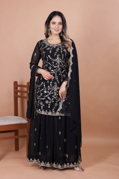 Black Fox Georgette Designer Sharara Suit with Embroidery Dupatta Wedding Collection for Wholesale Buyers Ready To Wear Collection