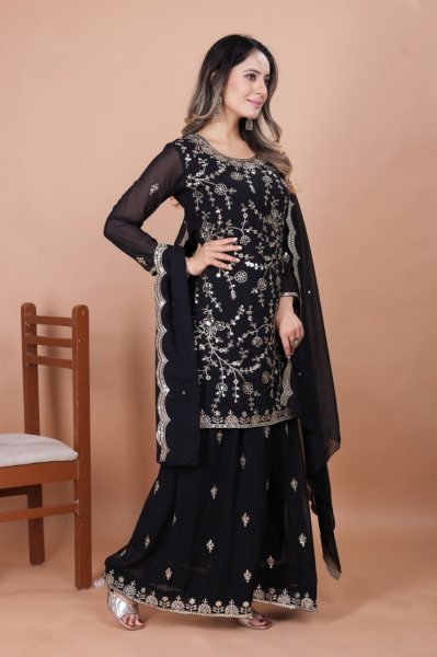 Black Fox Georgette Designer Sharara Suit with Embroidery Dupatta Wedding Collection for Wholesale Buyers Ready To Wear Collection