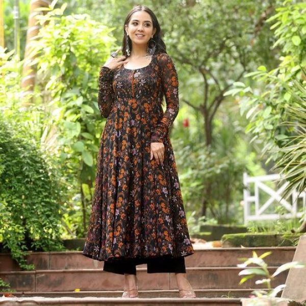 Black Fox Georgette Gown with Digital  Print  Georgette Kurti 