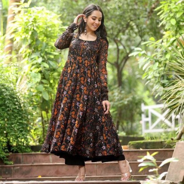 Black Fox Georgette Gown with Digital  Print  Georgette Kurti 