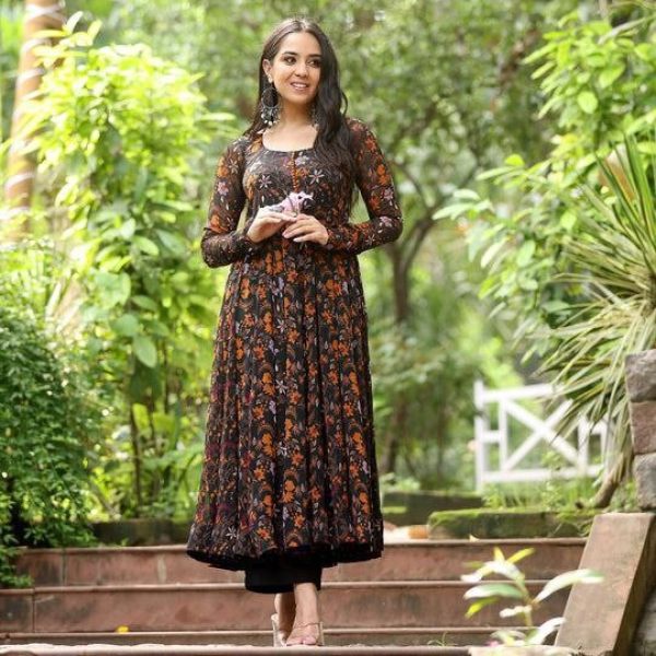 Black Fox Georgette Gown with Digital  Print  Georgette Kurti 