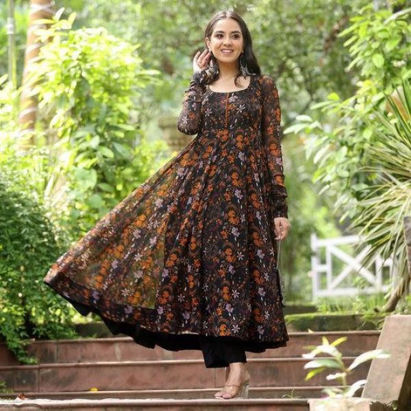 Black Fox Georgette Gown with Digital  Print  Georgette Kurti 