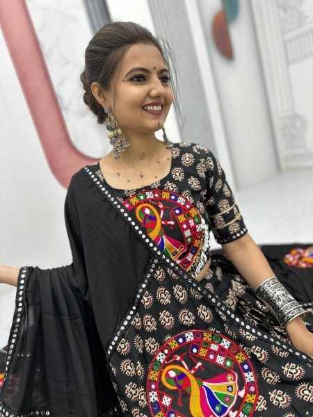 Black Gamathi Cotton Lehenga Choli Navratri Special with Mirror Work Magic Navratri Lehnega Choli
