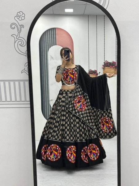 Black Gamathi Cotton Lehenga Choli Navratri Special with Mirror Work Magic Navratri Lehnega Choli