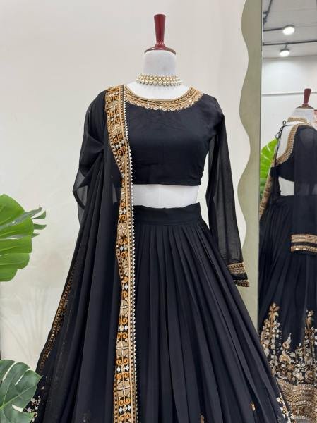 Black Georgette Bridal Lehenga Choli with Thread   Sequins Embroidery  Heavy Flair   Can Can     Semi Stitched Designer Set Designer Lehenga Choli