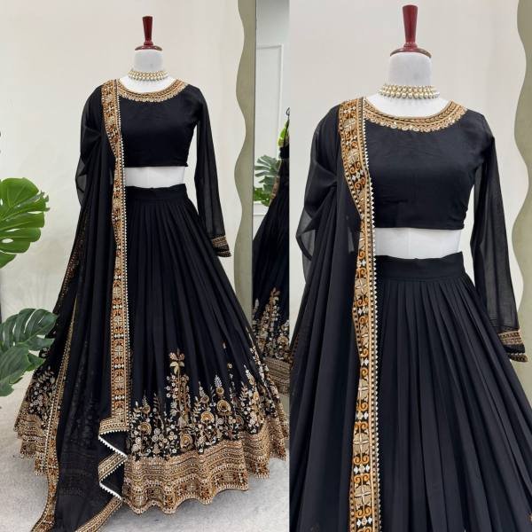 Black Georgette Bridal Lehenga Choli with Thread   Sequins Embroidery  Heavy Flair   Can Can     Semi Stitched Designer Set Designer Lehenga Choli
