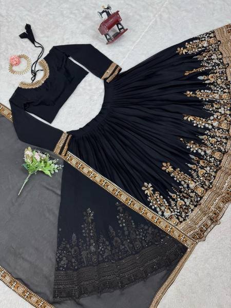Black Georgette Bridal Lehenga Choli with Thread   Sequins Embroidery  Heavy Flair   Can Can     Semi Stitched Designer Set Designer Lehenga Choli